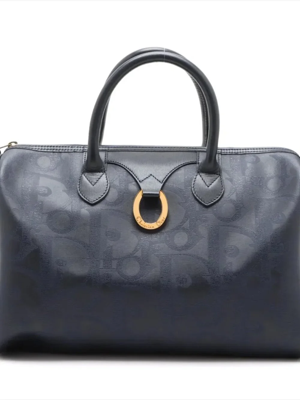 Rare Vintage Dior Navy Blue Leather Top-Handle Bag with Gold Accent